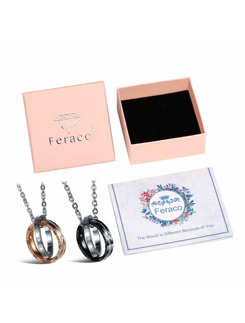 Feraco His Her Necklace for Husband Wife Couples Matching Set Titanium Steel Korean Love Style Pendant Necklaces