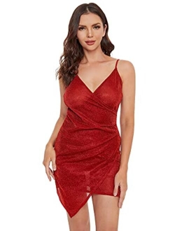 Women's Sexy Ruched Side Asymmetrical V Neck Bodycon Cami Dress