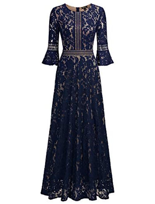MISSMAY Women's Vintage Full Lace Contrast Bell Sleeve Formal Long Dress