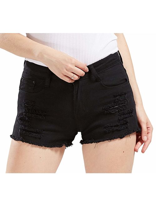 chouyatou Women's Perfectly Fit 5-Pockets Ripped Denim Jean Shorts