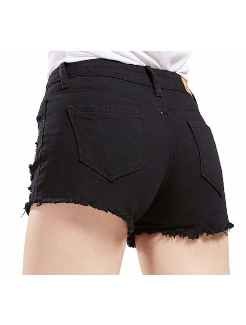 chouyatou Women's Perfectly Fit 5-Pockets Ripped Denim Jean Shorts