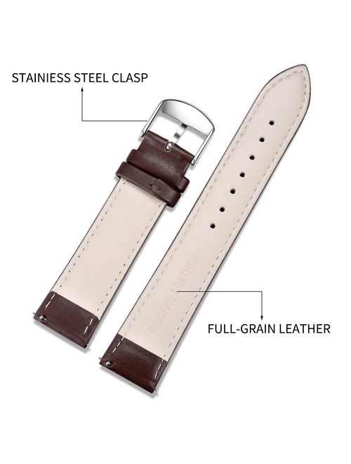 SONGDU Quick Release Leather Watch Band, Full Grain Genuine Leather Replacement Watch Strap with Stainless Metal Buckle Clasp 16mm, 18mm, 20mm, 22mm, 24mm