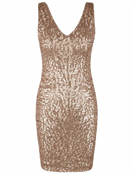 PrettyGuide Women's Sexy Deep V Neck Sequin Glitter Bodycon Embellished  Stretchy Mini Party Dress