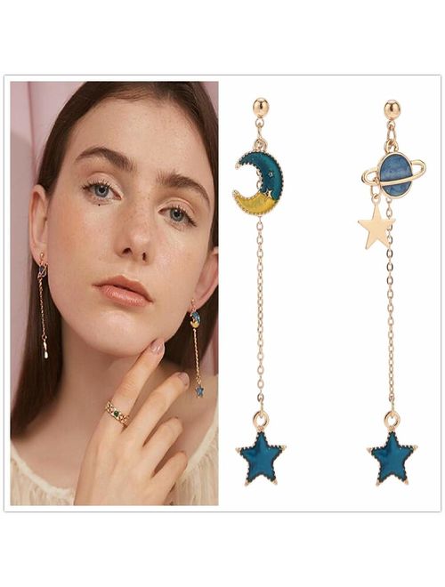 SUNSCSC Enamel Moon Star Earth Planet Drop Hook Earrings Long Pendant Dangle Jewelry for Woman Girls