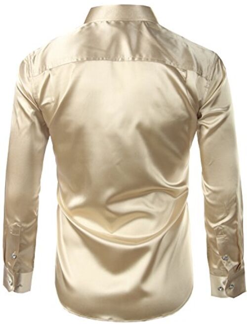 ZEROYAA Mens Regular Fit Long Sleeve Shiny Satin Silk Like Dance Prom Dress Shirt Tops