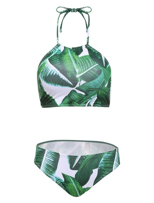 Ekouaer Womens Forest Leaves Printing High Neck Halter two piece swimsuit for plus size Bikini Set Swimsuit XS-XXL