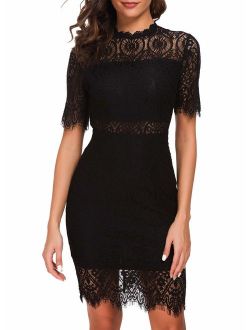 Zalalus Women's Elegant High Neck Short Sleeves Lace Cocktail Party Dress