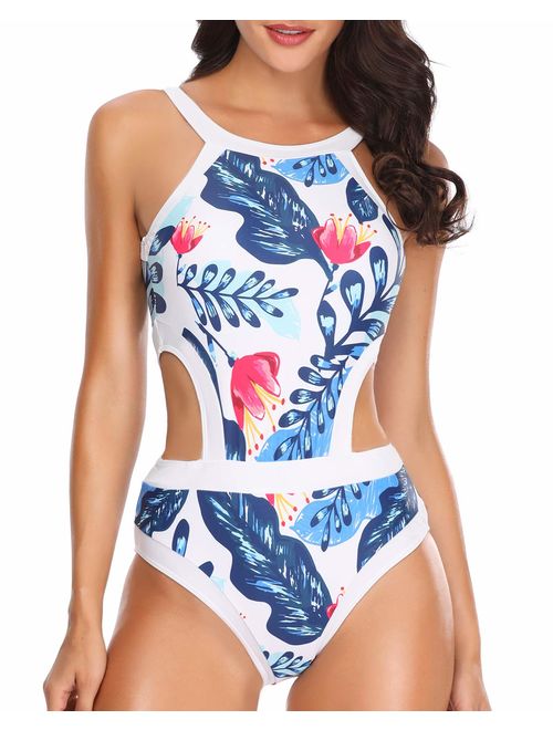 Holipick Women One Piece Swimsuit High Neck Floral Printed Cutout Bathing Suits