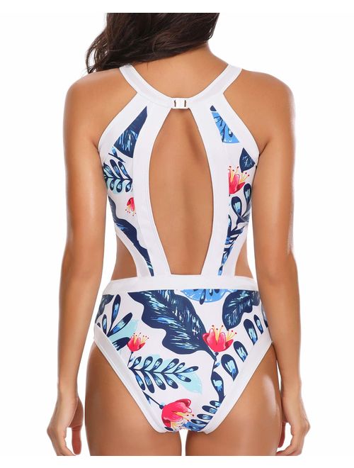 Holipick Womens High Neck Cutout One Piece Swimsuit Sports Tropical Printed Bathing Suits 