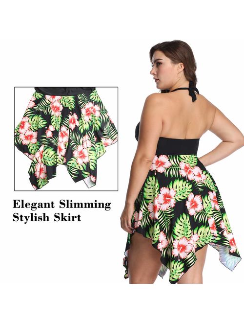 sanatty Women's Plus Size Swimsuit Floral Printed Plus Swimwear Tankini Two Pieces Swimdress 2XL-6XL