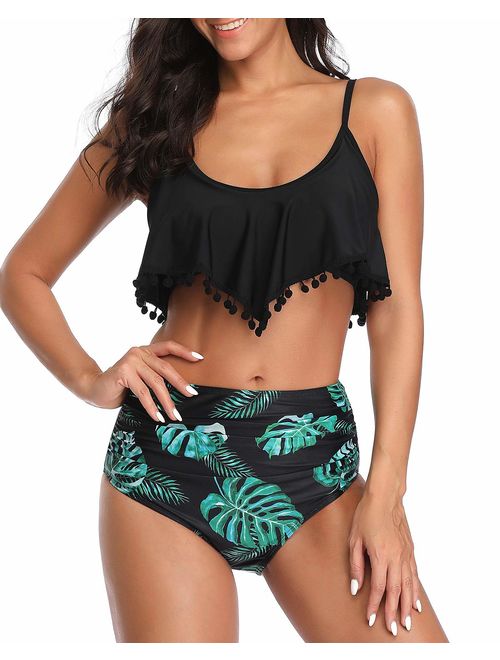 Tempt Me Women Two Piece High Waisted Flounce Bikini Set Pom Pom Trim Swimsuit