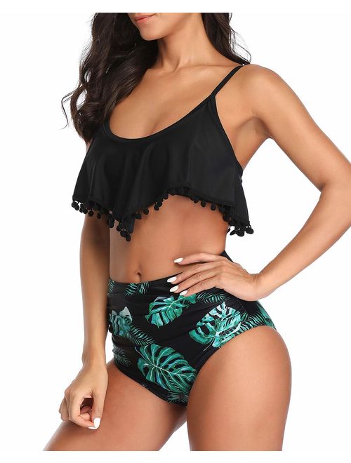 Tempt Me Women Two Piece High Waisted Flounce Bikini Set Pom Pom Trim Swimsuit
