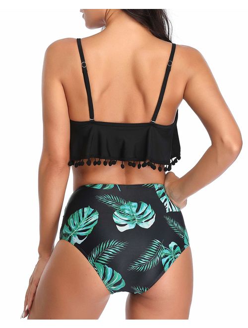 Tempt Me Women Two Piece High Waisted Flounce Bikini Set Pom Pom Trim Swimsuit