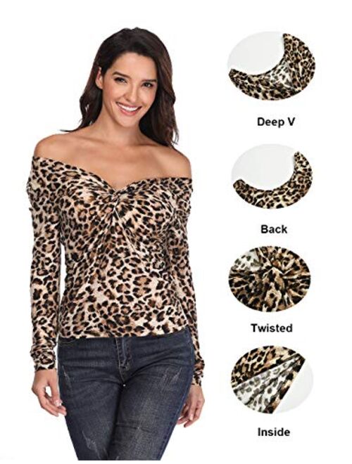 MISS MOLY Leopard Print Tops for Women Sexy V Neck Soft Knot Twist Shirt