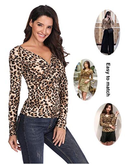 MISS MOLY Leopard Print Tops for Women Sexy V Neck Soft Knot Twist Shirt