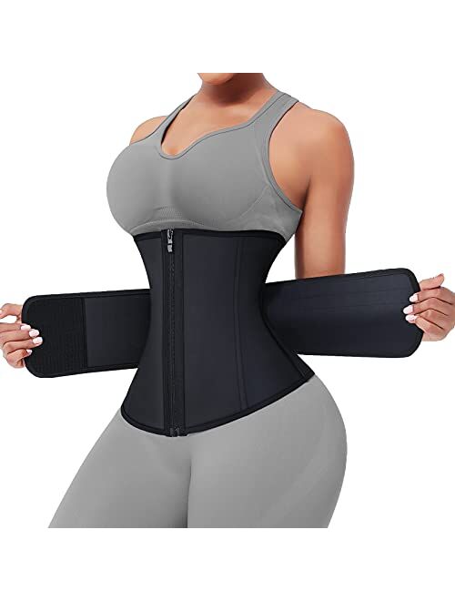 FeelinGirl Long Torso Waist Trainer for Women with 1/2/3 Belt Plus Size Latex/Neoprene Corset Cincher with Zipper/Hooks