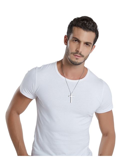 Reve Simple Stainless Steel Silver Tone Cross Pendant Necklace for Men Women, 20-24 Inches Chain