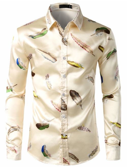ZEROYAA Men's Luxury Printed Silk Like Satin Button Down Dress Shirt for Party Prom