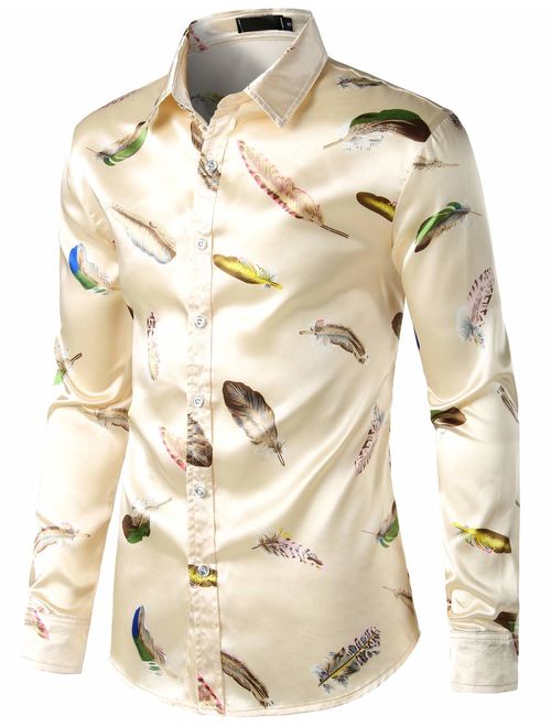 ZEROYAA Men's Luxury Printed Silk Like Satin Button Down Dress Shirt for Party Prom
