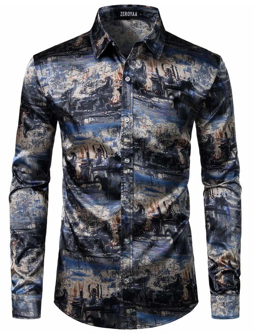 ZEROYAA Men's Luxury Printed Silk Like Satin Button Down Dress Shirt for Party Prom 