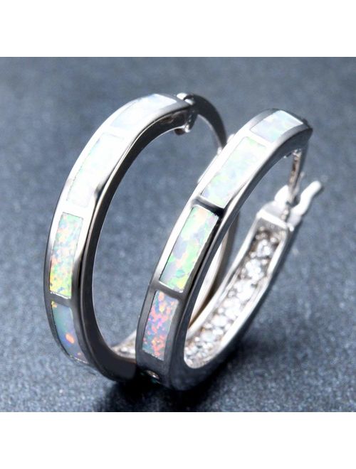 Bamos White Opal Hoop Earrings Inlaid with Cubic Zirconia for Girls and Women