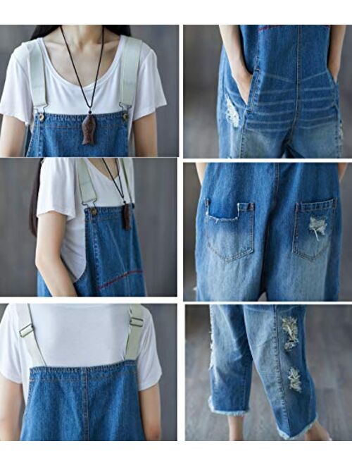 YESNO P60 Women Jeans Cropped Pants Overalls Jumpsuits Hand Painted Poled Distressed Casual Loose Fit