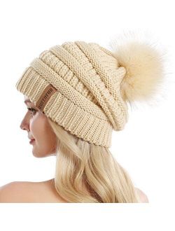 Women Knit Slouchy Beanie Chunky Baggy Hat with Faux Fur Pompom Winter Soft Warm Ski Cap