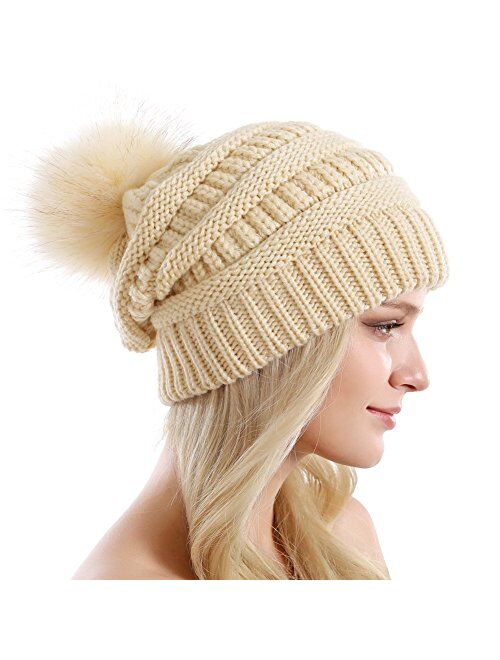 QUEENFUR Women Knit Slouchy Beanie Chunky Baggy Hat with Faux Fur Pompom Winter Soft Warm Ski Cap