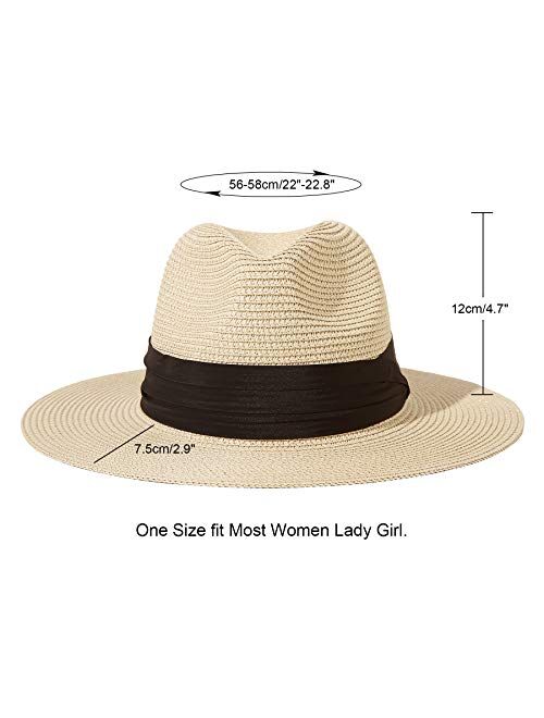 Lanzom Women Wide Brim Straw Panama Roll up Hat Fedora Beach Sun Hat UPF50+