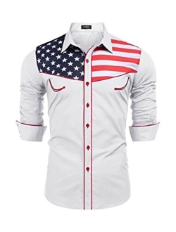 Men's Casual American Flag Button Down Shirts Slim Fit Long Sleeve Shirt