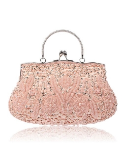 SSMY Beaded Sequin Flower Evening Purse Large Clutch Bag