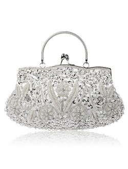 SSMY Beaded Sequin Flower Evening Purse Large Clutch Bag