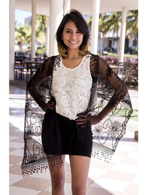 Tan's Women's lightweight Feminine lace teardrop fringe Lace Scarf Vintage Scarf Mesh Crochet Tassel Cotton Scarf for Women