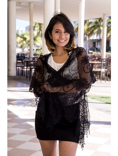 Tan's Women's lightweight Feminine lace teardrop fringe Lace Scarf Vintage Scarf Mesh Crochet Tassel Cotton Scarf for Women