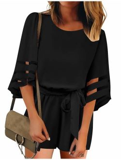 Utyful Women's Casual V Neck 3/4 Bell Sleeve Belted Chiffon One Piece Romper Shorts