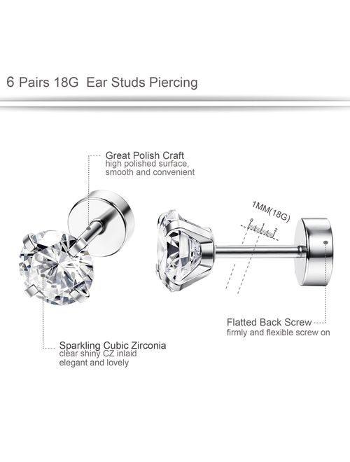ORAZIO 6-8 Pairs 18G Stainless Steel Ear Stud Piercing Barbell Studs Earrings Round Cubic Zirconia Inlaid