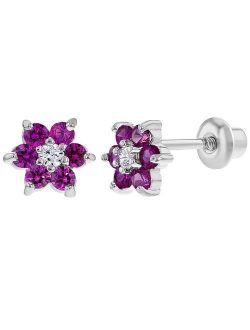 Rhodium Plated Flower Fuchsia Pink Crystals Screw Back Earrings for Babies Kids