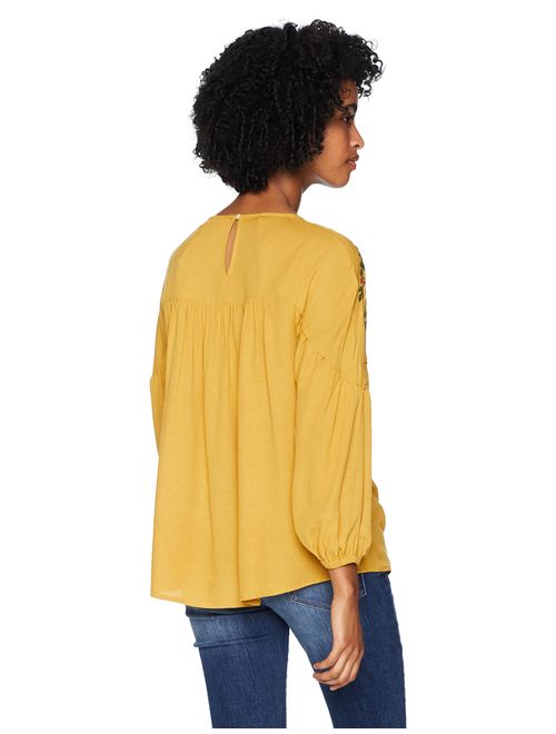Serene Bohemian Women's Mustard Color Top with Embroidered Yoke Panels