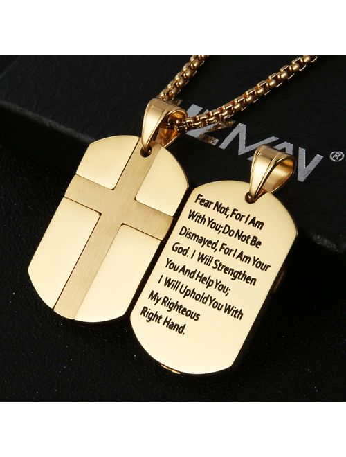 HZMAN Isaiah 41:10 Jewelry, Stainless Steel Cross Dog Tag Pendant Necklace Strength Bible Verse
