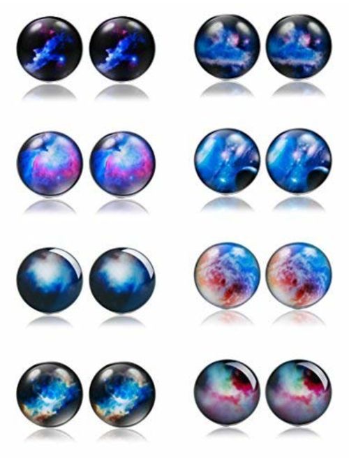 Thunaraz 8 Pairs Unisex Stainless Steel Stud Earrings Galaxy Astronomy Earrings for Girls Boys