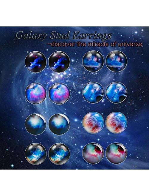 Thunaraz 8 Pairs Unisex Stainless Steel Stud Earrings Galaxy Astronomy Earrings for Girls Boys