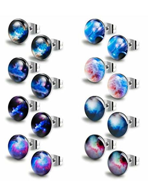 Thunaraz 8 Pairs Unisex Stainless Steel Stud Earrings Galaxy Astronomy Earrings for Girls Boys