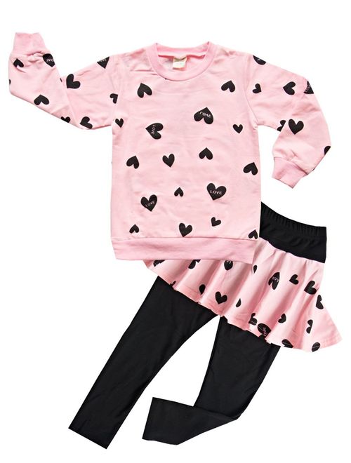 DDSOL Little Girls Clothing Set Outfit Heart Print Hoodie Top+Long Pantskirts 2pcs