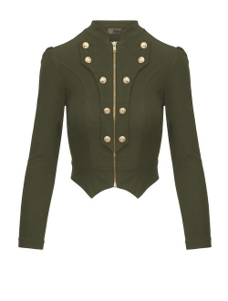 Hybrid & Company Women's Military Crop Stretch Gold Zip Up Blazer Jacket