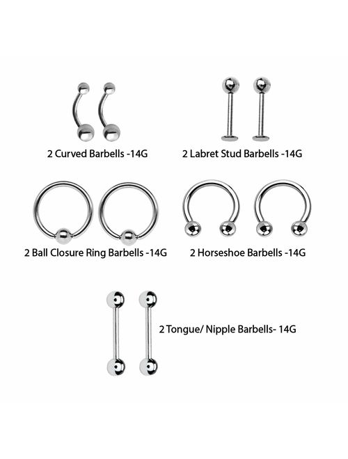 BodyJ4You 10-20PC Professional Piercing Kit BCR CBR Labret Belly Nipple Lip Nose 14G Steel Jewelry