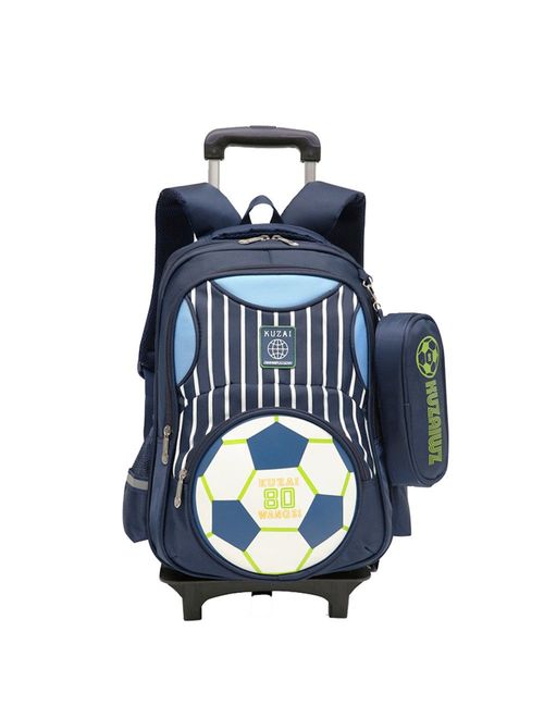 Adanina Cartoon Printed Football Trolley Backpack Elementary Book Bag Primary School Bag with Wheels for Kids