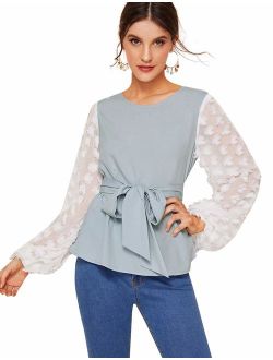Women's Mesh Embroidered Floral Sleeve Self Belted Blouse Top
