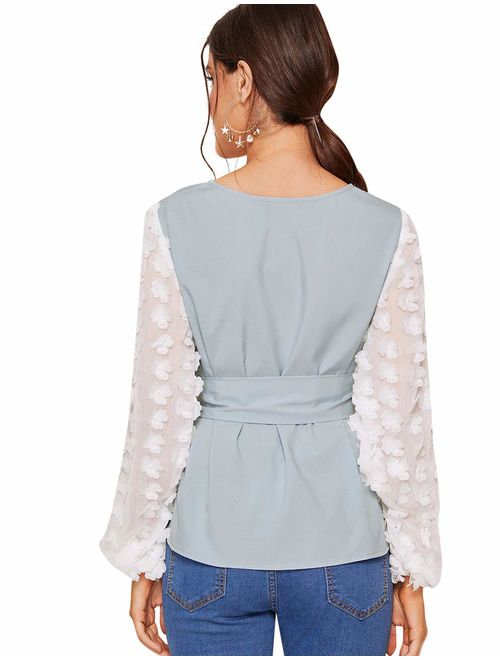 ROMWE Women's Mesh Embroidered Floral Sleeve Self Belted Blouse Top