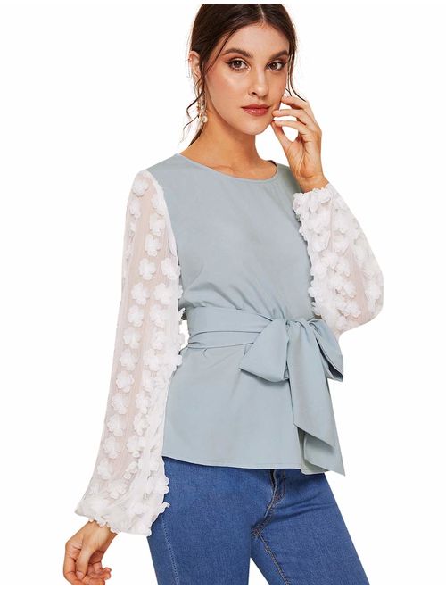 ROMWE Women's Mesh Embroidered Floral Sleeve Self Belted Blouse Top
