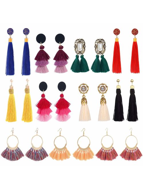 LANTAI 8-54 Pairs Bohemian Colorful Long Fringe Tassel Earrings Set-3 Layer Fan Tassel Hoop Earrings for Women Girls Gift Statement Earrings